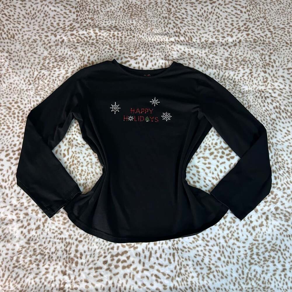 allyson whitmore Happy Holidays Long Sleeve Tee Size PL Black Rhinestone